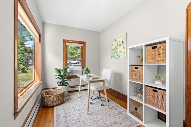 3 Scotland Heights Rd, Haverhill, MA 01832 - office area featuring a baseboard radiator, wood finished floors, baseboards, and cooling unit