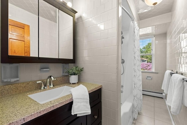 3 Scotland Heights Rd, Haverhill, MA 01832 - bathroom with tile walls, a baseboard radiator, vanity, tile patterned floors, and shower / tub combo