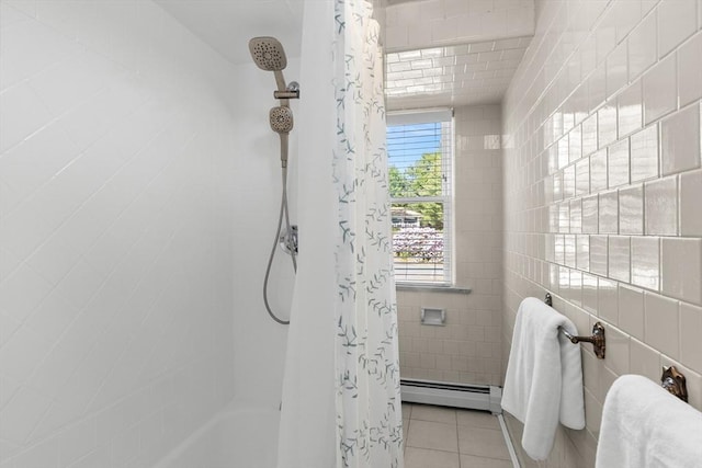 3 Scotland Heights Rd, Haverhill, MA 01832 - full bath featuring baseboard heating, tile walls, tile patterned floors, and shower / tub combo