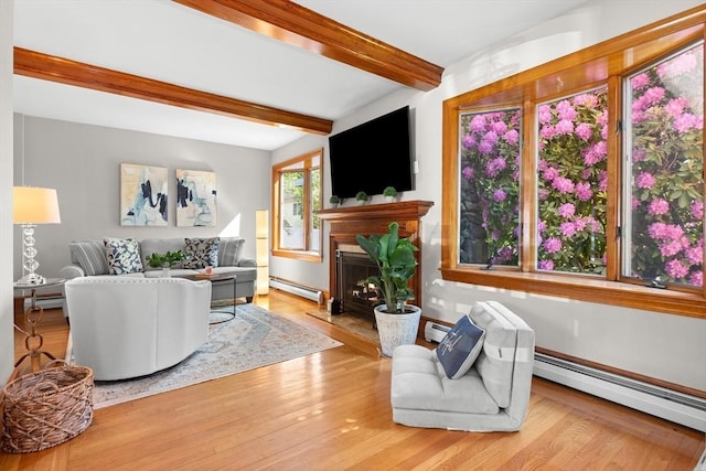 3 Scotland Heights Rd, Haverhill, MA 01832 - living room featuring baseboard heating, beam ceiling, a fireplace, and wood finished floors