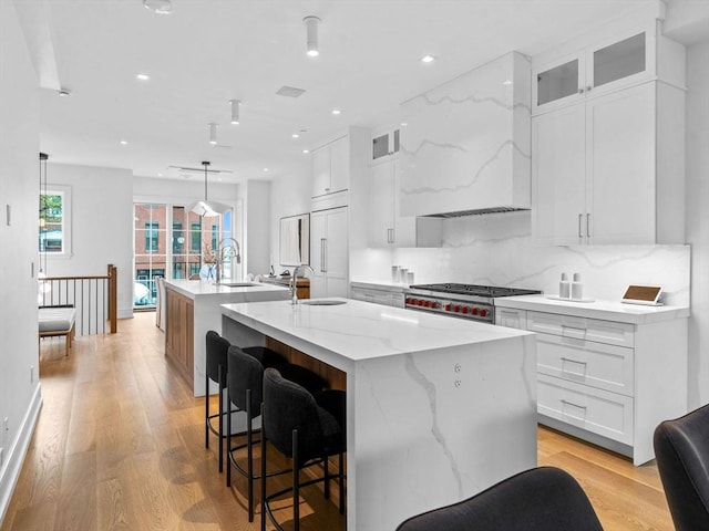 559 E Broadway Unit 559, Boston, MA 02127 - kitchen featuring a large island with sink, white cabinetry, glass insert cabinets, tasteful backsplash, and light wood-type flooring