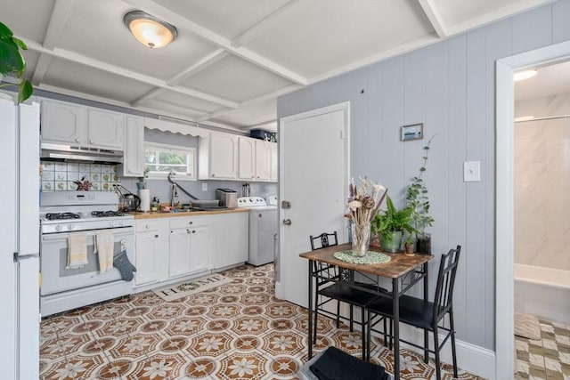 109 Eutaw St, Boston, MA 02128 - kitchen with white cabinetry, white appliances, under cabinet range hood, and coffered ceiling