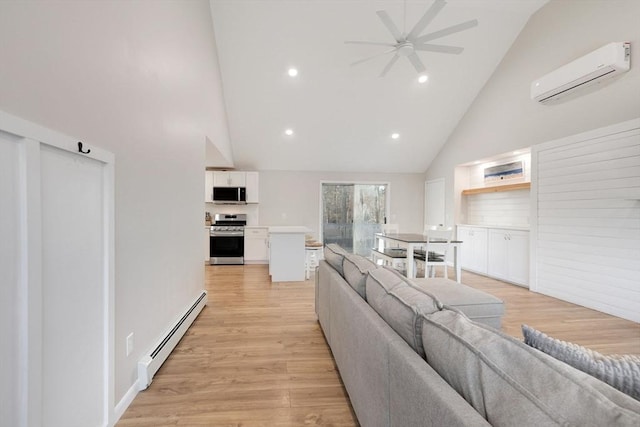 living area featuring a baseboard radiator, high vaulted ceiling, an AC wall unit, and light wood finished floors