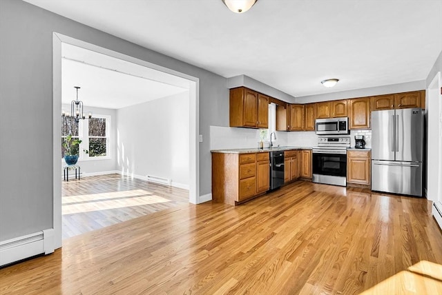 kitchen featuring hanging light fixtures, light hardwood / wood-style flooring, baseboard heating, a notable chandelier, and stainless steel appliances