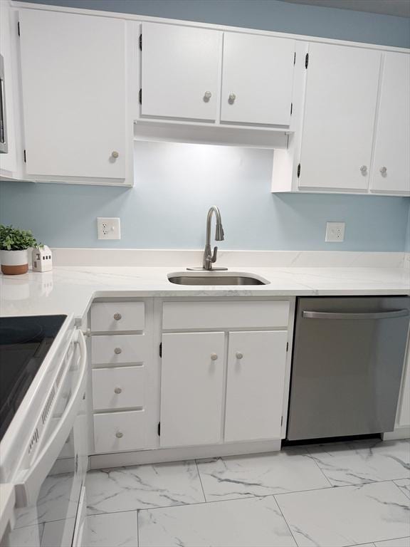 kitchen with white cabinetry, sink, white electric range, and dishwasher