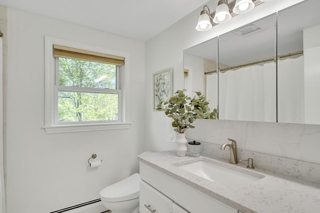 full bath with vanity, decorative backsplash, visible vents, toilet, and a baseboard radiator