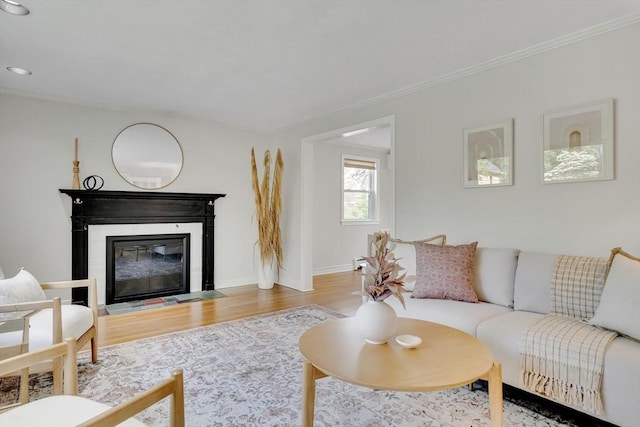 living area with ornamental molding, wood finished floors, baseboards, recessed lighting, and a fireplace with flush hearth