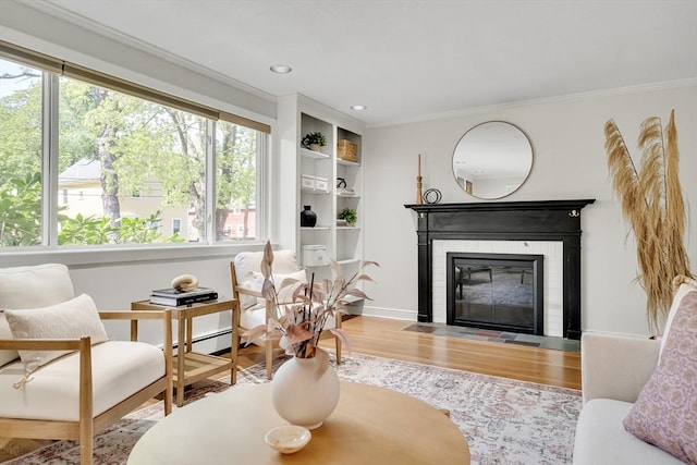 living room featuring plenty of natural light, ornamental molding, wood finished floors, and a fireplace