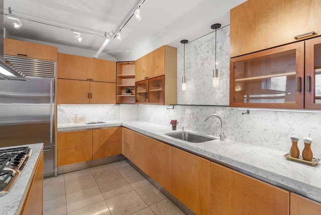 453 Washington St Unit 11E, Boston, MA 02111 - kitchen featuring open shelves, backsplash, light stone countertops, stainless steel gas stovetop, and light tile patterned flooring