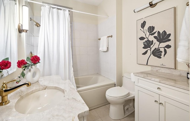 full bathroom with tile patterned flooring, vanity, shower / tub combo, and toilet