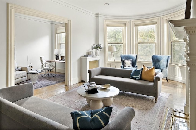 interior space featuring light hardwood / wood-style floors and ornamental molding