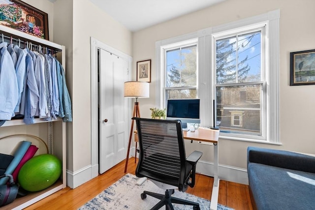 office space with baseboards and wood finished floors