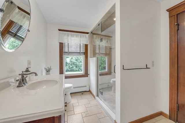 259 Main St, Blackstone, MA 01504 - bathroom with toilet, a baseboard heating unit, a stall shower, baseboards, and vanity