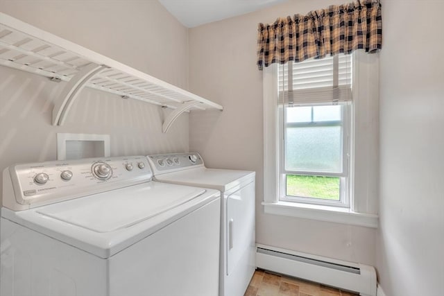 259 Main St, Blackstone, MA 01504 - laundry area featuring a baseboard radiator, washer and dryer, and light stone finish flooring