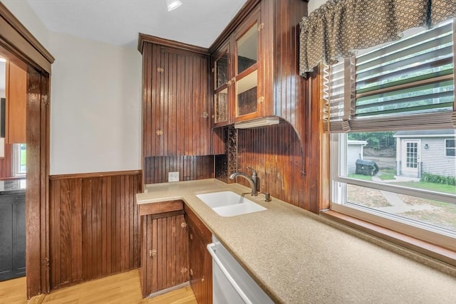 259 Main St, Blackstone, MA 01504 - kitchen with a sink, wood walls, light countertops, wainscoting, and glass insert cabinets