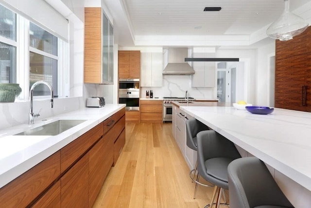 kitchen with decorative backsplash, wall chimney exhaust hood, stainless steel appliances, white cabinets, and light hardwood / wood-style floors