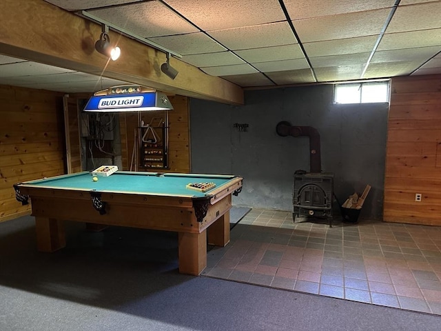 11 Glenwood St, Whitman, MA 02382 - rec room featuring a wood stove, wood walls, billiards table, and a drop ceiling