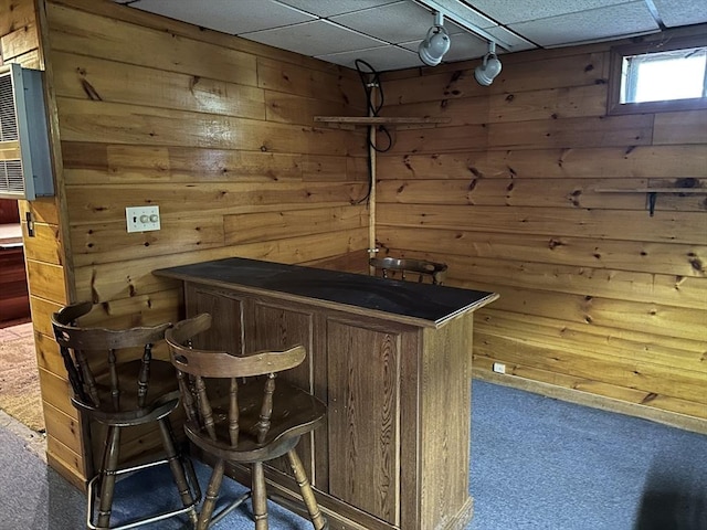 11 Glenwood St, Whitman, MA 02382 - bar with wooden walls, carpet flooring, a paneled ceiling, and heating unit
