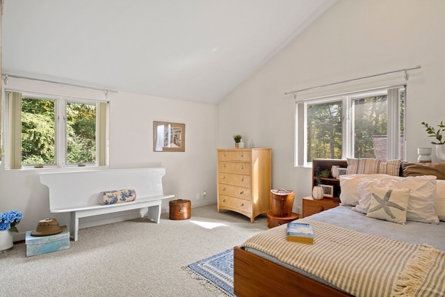 carpeted bedroom featuring high vaulted ceiling