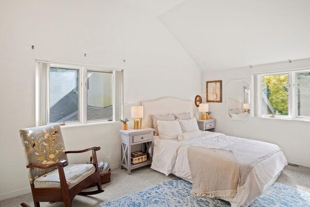 carpeted bedroom featuring vaulted ceiling