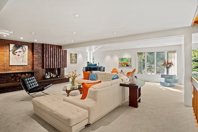 carpeted living room with a fireplace