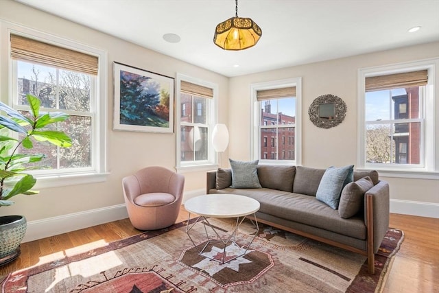living room featuring baseboards, healthy amount of natural light, and wood finished floors