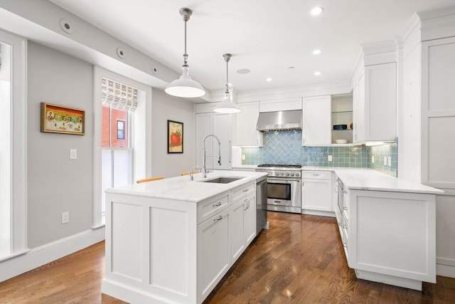 kitchen with appliances with stainless steel finishes, a sink, exhaust hood, tasteful backsplash, and white cabinetry
