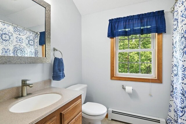 315 Woodland Way, Russell, MA 01071 - full bathroom featuring a baseboard radiator, toilet, vanity, and a shower with shower curtain