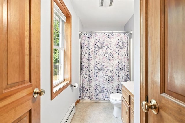 315 Woodland Way, Russell, MA 01071 - bathroom featuring toilet, vanity, curtained shower, and baseboard heating