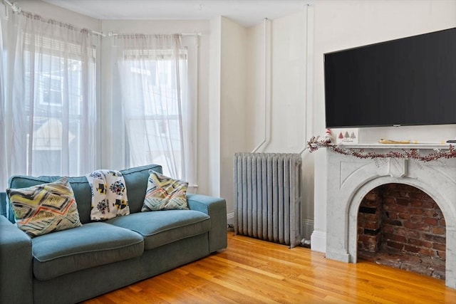 living room featuring hardwood / wood-style flooring and radiator heating unit