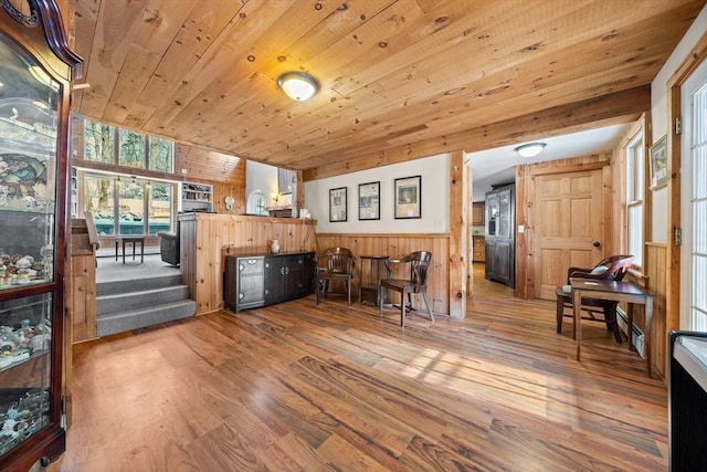 interior space with hardwood / wood-style flooring, wooden ceiling, and wooden walls