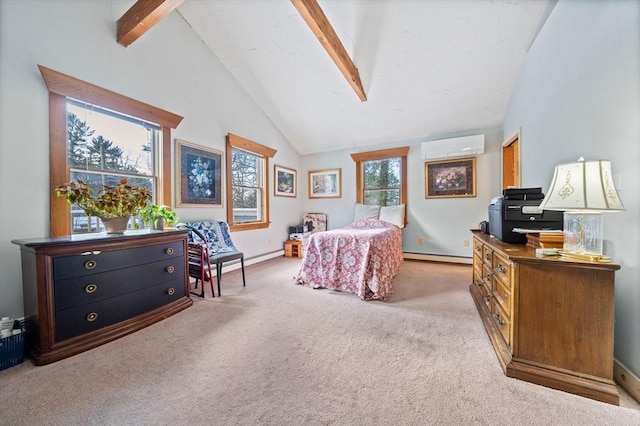 carpeted bedroom with high vaulted ceiling, beam ceiling, and a wall mounted AC