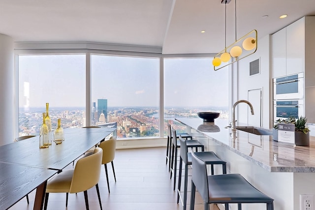 dining area featuring sink, light hardwood / wood-style flooring, and a healthy amount of sunlight