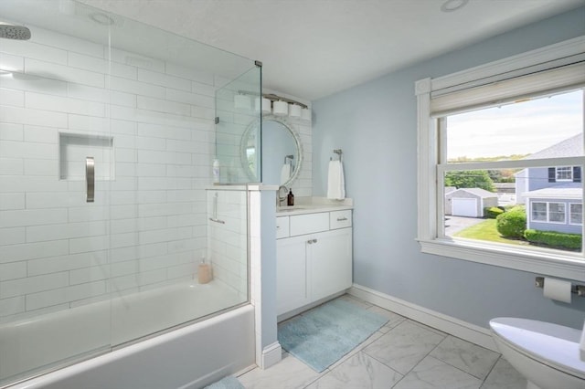 118 Oceanside Dr, Scituate, MA 02066 - full bathroom with marble look tiles, healthy amount of natural light, vanity, and enclosed tub / shower combo