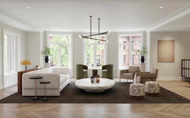 living area featuring a chandelier, ornamental molding, recessed lighting, and baseboards