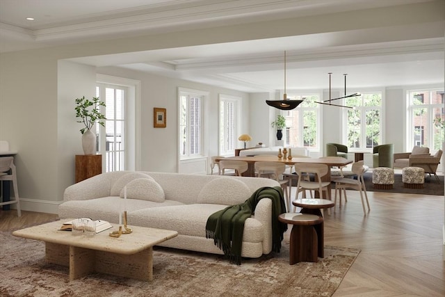 living room with ornamental molding, recessed lighting, a tray ceiling, and baseboards