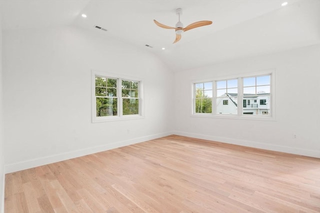 220 Atlantic St, Gloucester, MA 01930 - spare room featuring vaulted ceiling, recessed lighting, light wood-style flooring, baseboards, and a ceiling fan