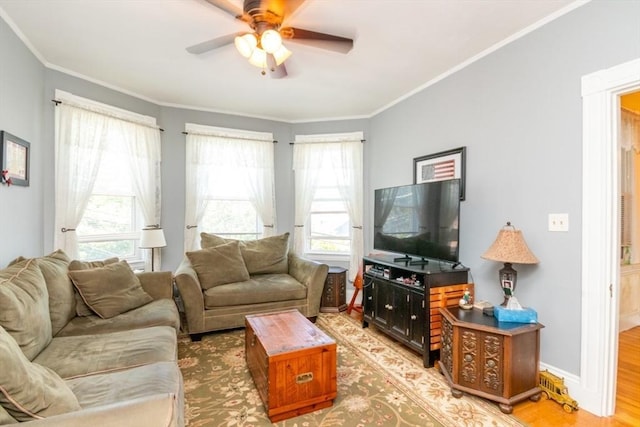 18 Dighton St Unit 18, Boston, MA 02135 - living room with a ceiling fan, wood finished floors, crown molding, and baseboards