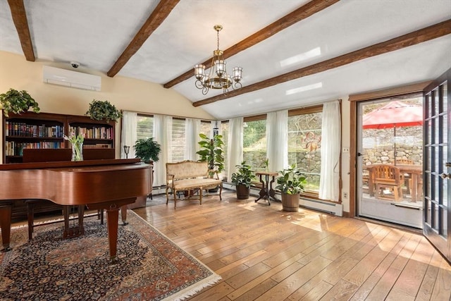 interior space with an AC wall unit, light wood finished floors, a chandelier, and vaulted ceiling with beams