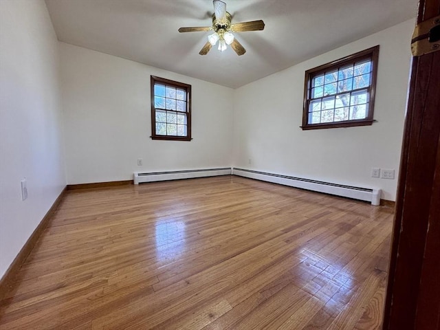 empty room featuring ceiling fan, light wood-type flooring, and a baseboard radiator