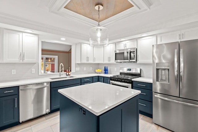 kitchen with appliances with stainless steel finishes, a raised ceiling, a sink, and blue cabinetry