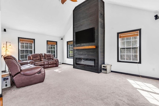 13 Old Gardner Rd, Westminster, MA 01473 - carpeted living room featuring baseboards, high vaulted ceiling, and a large fireplace
