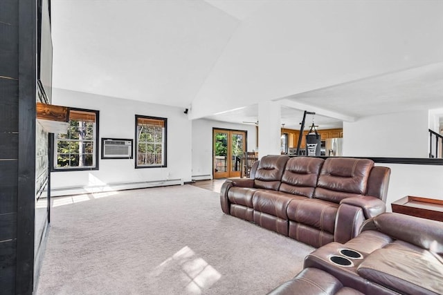 13 Old Gardner Rd, Westminster, MA 01473 - living area with baseboard heating, a baseboard radiator, an AC wall unit, a high ceiling, and carpet