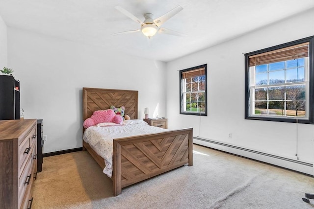 13 Old Gardner Rd, Westminster, MA 01473 - bedroom featuring a ceiling fan, baseboards, a baseboard heating unit, and light carpet