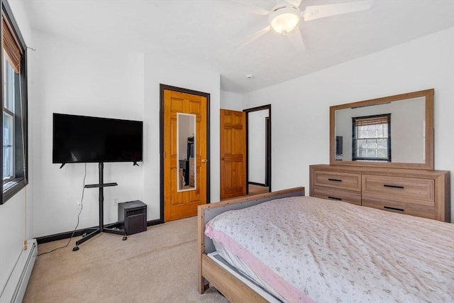 13 Old Gardner Rd, Westminster, MA 01473 - bedroom featuring light colored carpet, a baseboard radiator, baseboards, and a ceiling fan