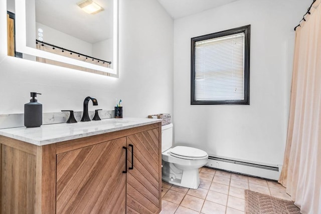 13 Old Gardner Rd, Westminster, MA 01473 - bathroom featuring tile patterned flooring, vanity, toilet, curtained shower, and a baseboard radiator