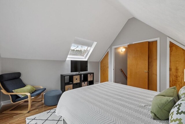 4 Greenfield Ln Unit 4, Concord, MA 01742 - bedroom with lofted ceiling, light wood-style flooring, and a skylight
