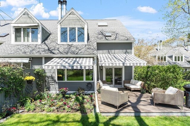 4 Greenfield Ln Unit 4, Concord, MA 01742 - rear view of property featuring an outdoor hangout area, a deck, and roof with shingles