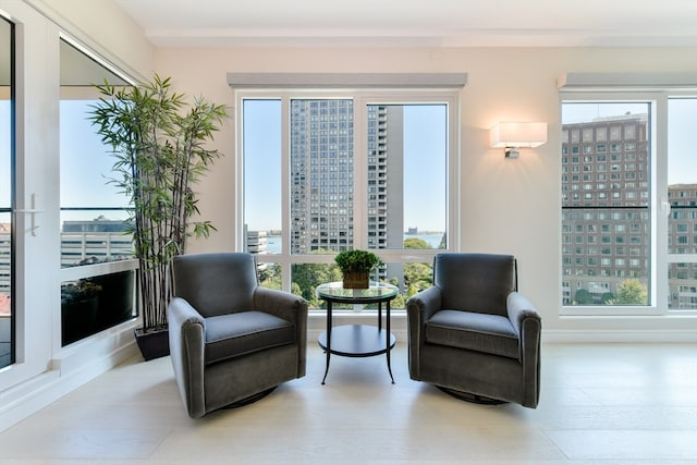 living area with light hardwood / wood-style flooring