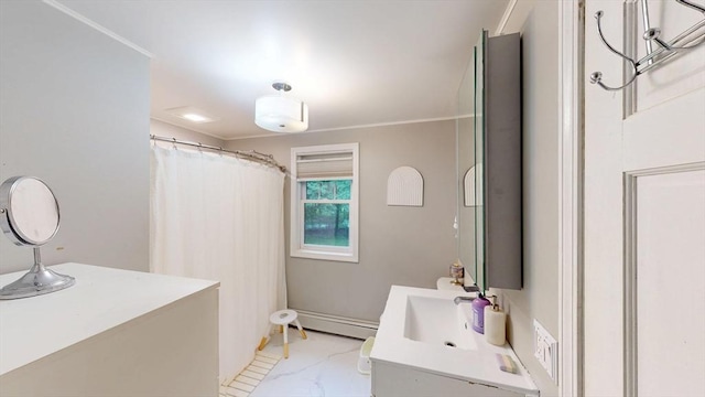 330 Arbor St, Lunenburg, MA 01462 - full bathroom with vanity, marble finish flooring, a baseboard radiator, crown molding, and curtained shower